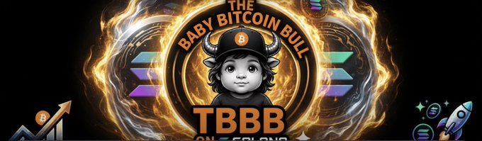 A promotional banner for "THE BABY BITCOIN BULL" (TBBB) token on Solan, featuring a cartoon baby character wearing a horned helmet surrounded by flames and Bitcoin imagery.