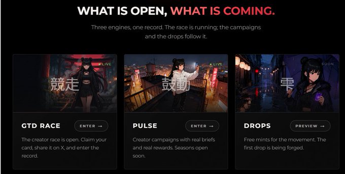 A webpage section titled 'WHAT IS OPEN, WHAT IS COMING' features three illustrated panels labeled 'CTD RACE' (競走), 'PULSE' (鼓動), and 'DROPS' (雫), each with 'ENTER' or 'PREVIEW' buttons.