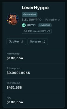 A cryptocurrency token page showing details for 'LeverHyppo' paired with XHYPE on Hyperliquid, with a market cap of $180,554 and 24h volume of $431,638.