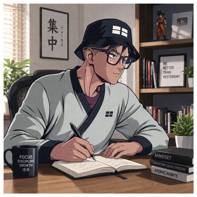 An anime-style illustration of a focused young man in a bucket hat and glasses writes in a notebook at a desk featuring books titled "MINDSET," "DISCIPLINE EQUALS FREEDOM," and "ATOMIC HABITS," along with a "FOCUS DISCIPLINE GROWTH" mug.