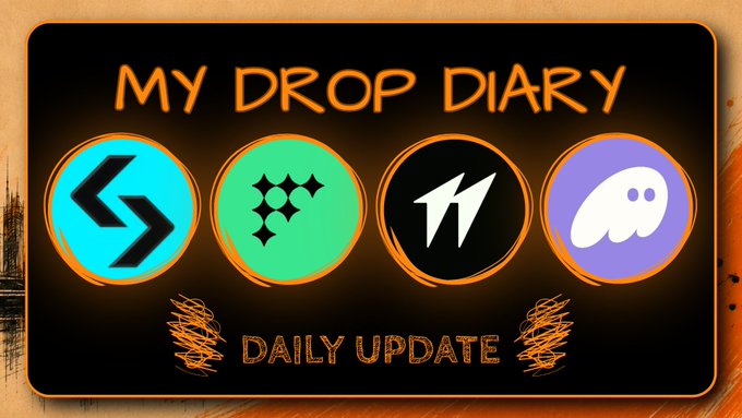 A thumbnail-style graphic titled 'MY DROP DIARY' featuring four circular crypto/NFT logos with 'DAILY UPDATE' text below on an orange-bordered black background.