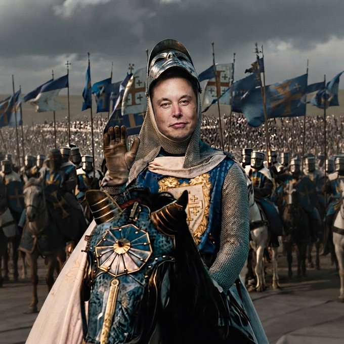 AI-generated image depicting Elon Musk's face superimposed onto a medieval crusader knight on horseback, waving, with an army of knights carrying blue and gold banners behind him.