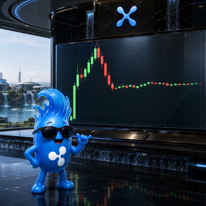 A blue cartoon mascot character with an 'X' logo (Ripple/XRP) wearing sunglasses, pointing at a large screen displaying a candlestick stock/crypto chart in a futuristic setting.