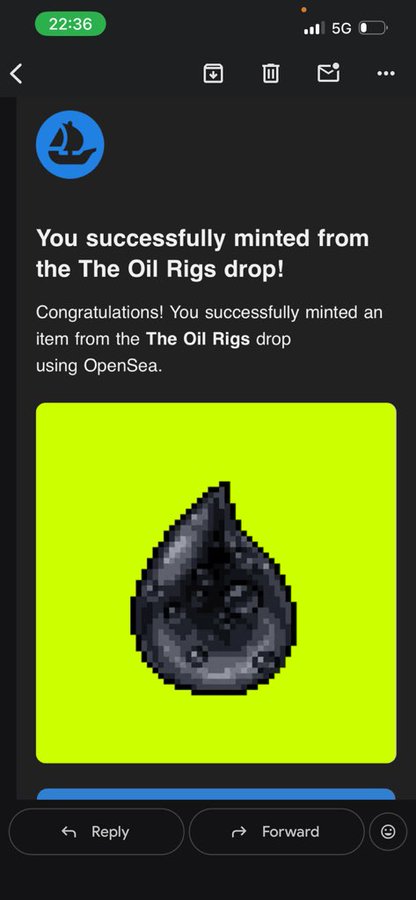 A successful mint notification from The Oil Rigs drop on OpenSea, featuring a pixelated oil droplet on a neon green background. This relates to the post celebrating the user's mint from the SaudisNFT FCFS drop.
