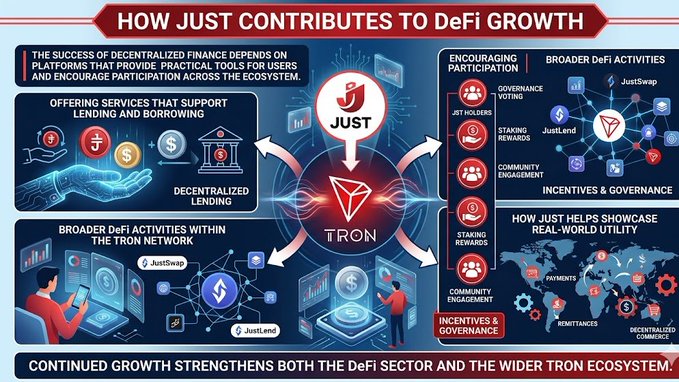 In this image, there's an infographic or chart titled "How Just Contributes to DeFi Growth" displayed with information about the use of Ethereum networks for the growth of DeFi projects. The image provides insights into the role played by platforms like JUST in the development and promotion of DeFi applications. One of the key elements shown is a man standing next to a laptop, suggesting that he might be using his device or working on a project related to DeFi or blockchain technology.