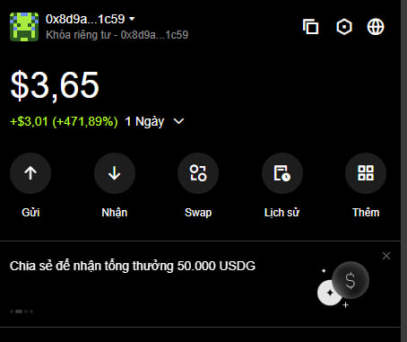 A cryptocurrency wallet screenshot displays a balance of $3.65 with a daily gain of +$3.01 (+471.89%) for token '0x8d9a...1c59', with Vietnamese interface text.