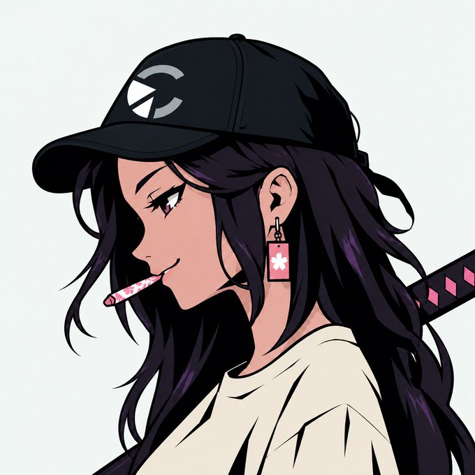 An anime-style illustration of a girl with long dark hair and red eyes wearing a black cap, holding a pink patterned object in her mouth, with a sword strapped to her back.