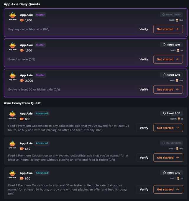 App.Axie quest interface showing Daily Quests and Axie Ecosystem Quest tasks with various XP rewards and requirements.