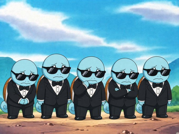 An animated image shows five blue, round-headed cartoon characters wearing black tuxedos and sunglasses, standing in a row against a cloudy sky background.