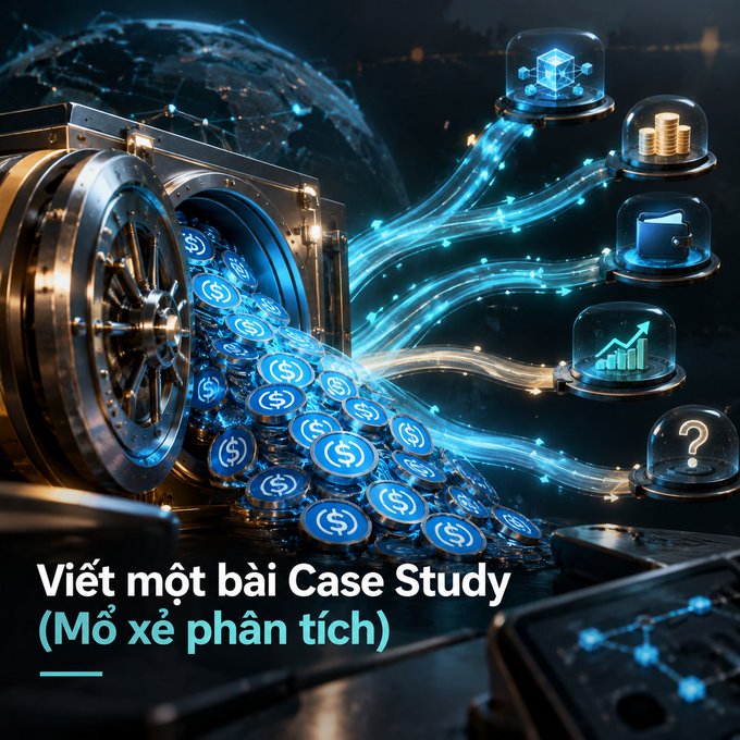 A graphic featuring glowing blue data streams flowing from a vault filled with dollar coins into various icons, with text reading 'Viết một bài Case Study (Mổ xẻ phân tích)'.