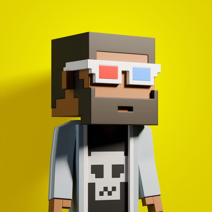 A voxel-style blocky character wearing 3D glasses and a skull-patterned shirt is rendered in Blender against a bright yellow background. The image visually represents the creator's experimentation with Blender-generated 3D Meebit designs, showcasing the stylized avatar style they were prototyping for game development.