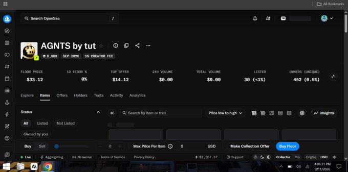 An OpenSea collection page displays "AGNTS by tut" with a 5% creator fee and floor price of $33.12, alongside 6,969 total supply. The image supports the post by showing the AGNTS NFT collection's marketplace metrics, contextualizing the user's claim of minting an AGNT at a low ETH price that has since appreciated.