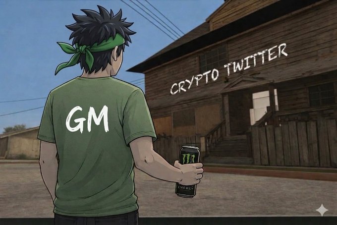 An anime-style character wearing a green shirt with 'GM' on the back and a green bandana holds a Monster Energy drink, standing before a wooden house labeled 'CRYPTO TWITTER'.