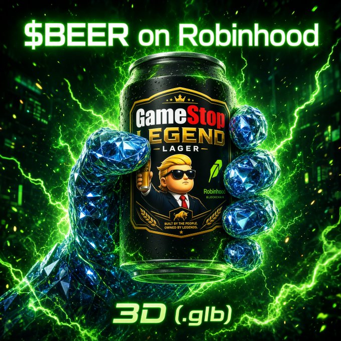Promotional NFT image featuring a "$BEER on Robinhood" banner above a black beer can labeled "GameStop LEGEND LAGER" held by a crystalline blue hand, with a cartoon figure in sunglasses and suit, set against an electric green background. The image relates to the post by serving as the official "$BEER" NFT collection artwork tied to the guaranteed minting list launch on OpenSea, blending meme culture references to GameStop, Robinhood, and the $BEER ticker to energize the community for minting.