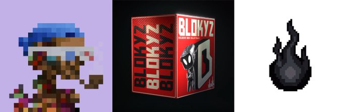 A pixel art character wearing a blue cap and VR headset stands next to a red product box labeled 'BLOKYZ DELUXE BOX EDITION' and a small flame icon.