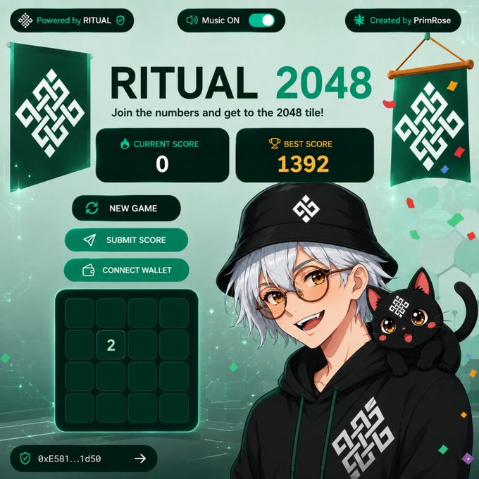 A 'RITUAL 2048' puzzle game interface with a current score of 0 and best score of 1392, featuring an anime character with a black cat mascot wearing matching gear.