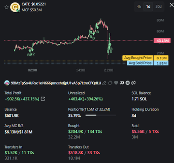 This image shows a crypto trading profit report for the coin $CATE, detailing a significant profit of over $900K with a wallet address of "9BMzTpSo4URse1oN666pmexhdjpU1vA5p7LtroCFQdLU". The accompanying post implies this user "rugged" the coin by buying low and selling high.
