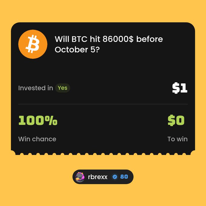 A user named "rbrexx" (verified, score 80) has invested $1 on "Yes" for a Duel Duck prediction market asking "Will BTC hit $86000$ before October 5?", with a displayed win chance of 100% but $0 to win.
