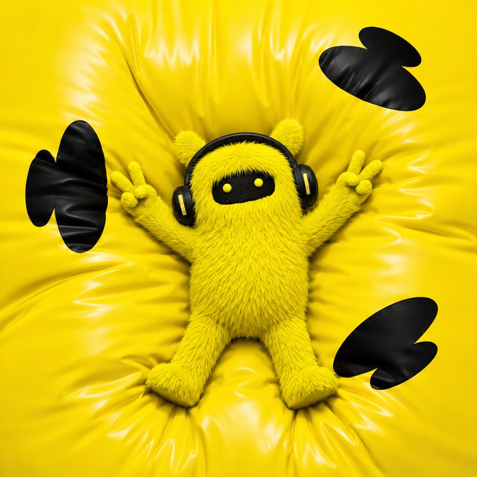 A yellow fluffy mascot character wearing black headphones lies on a yellow background, making peace signs with both hands, with abstract black heart-like shapes floating around it.