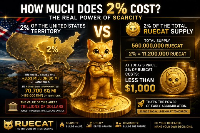 A 'RUECAT' cryptocurrency promotional graphic titled 'HOW MUCH DOES 2% COST?' featuring a golden cat mascot with a cape, comparing 2% of US territory to 2% of total RUECAT supply worth less than $1,000.