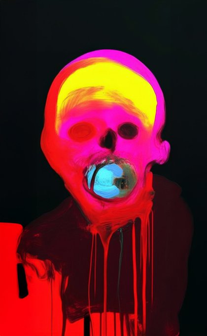 A stylized, surreal digital artwork or painting of a figure with a glowing pink and yellow skull-like head, with red liquid dripping down the body against a dark background.