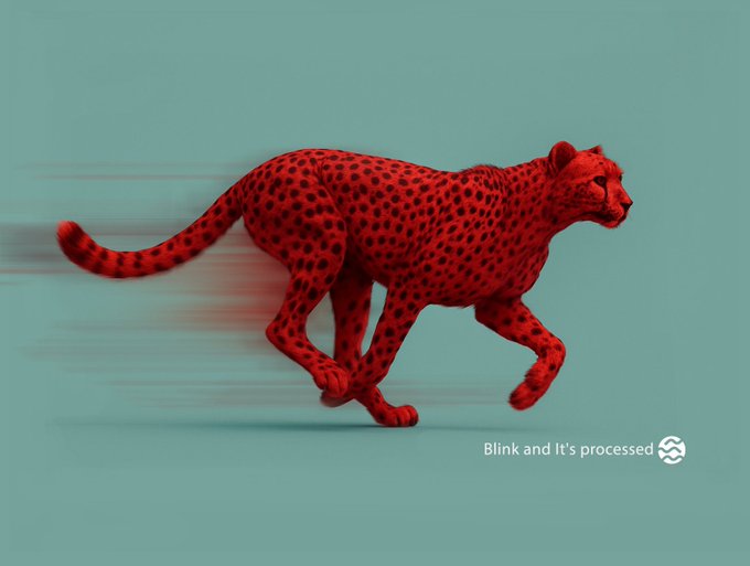A red cheetah with black spots is depicted running at high speed against a teal background, accompanied by the text "Blink and It's processed," visually emphasizing the lightning-fast processing capabilities of $SEI, the fastest Layer-1 blockchain.