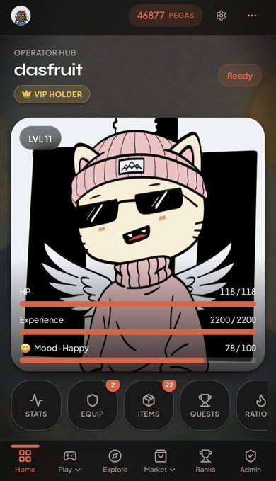 A screenshot of the "Operator Hub" interface for the "clasfruit" NFT character (LVL 11, VIP Holder, Ready status), displaying full HP 118/118, Experience 2200/2200, and Happy Mood 78/100, with 46,877 PEGAS tokens shown at the top, corresponding to the live pepegasnft.art marketplace activation mentioned in the post.