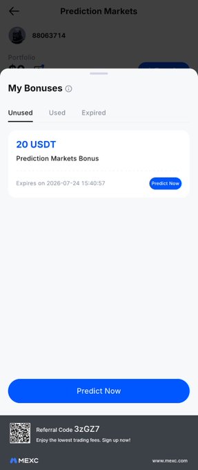 A screenshot of a MEXC prediction markets app showing a '20 USDT' bonus expiring on 2026-07-24, with a referral code '3zGZ7'.