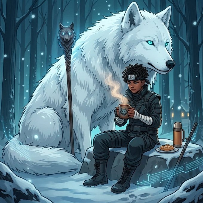 A young warrior in ninja-like attire sits beside a massive white wolf with glowing blue eyes in a snowy forest, holding a steaming mug of coffee next to a pastry and a katana, with holographic charts floating nearby—perfectly matching the "First coffee, then the charts" vibe of the GM post.