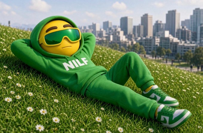A 3D-rendered yellow emoji character wearing a green tracksuit with 'NILF' on the chest and matching sneakers lounges in a grassy field with a city skyline behind.