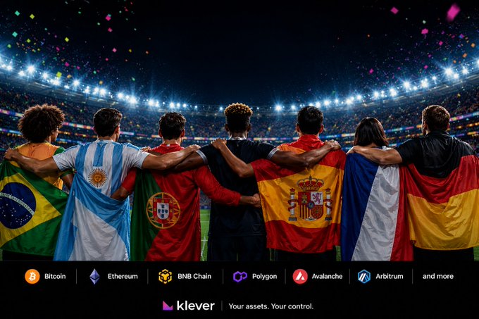 The image features a group of people standing together, each holding up their national flag. The flags include those from Brazil, Argentina, Spain, Germany, France, and Italy. In addition to the flags, there are logos for Bitcoin, Ethereum, and KLEVER. This suggests that these individuals might be fans of various cryptocurrencies or blockchain technology, as well as supporting different sports teams.