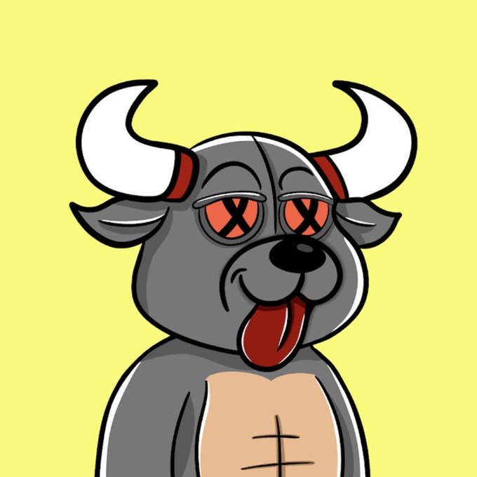 A cartoon gray bull character with red X's for eyes sticks out its tongue against a yellow background.