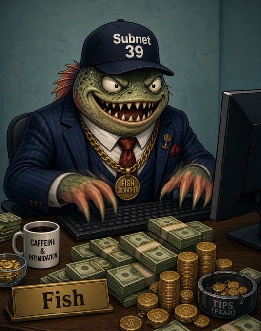 A digital illustration of a menacing fish-like creature wearing a pinstripe suit, gold chain, and a 'Subnet 39' baseball cap, sitting at a computer desk surrounded by stacks of cash and gold coins, with a nameplate reading 'Fish' and items labeled 'Caffeine & Intimidation' and 'Tips (Fear).'