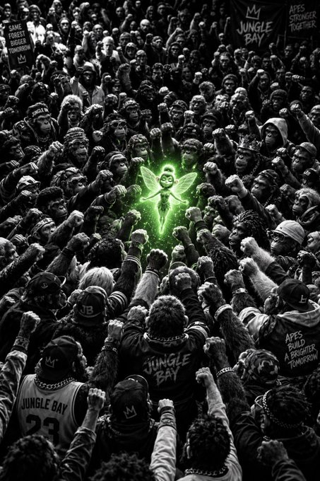 A black and white crowd scene with a glowing green fairy-like figure in the center, surrounded by people wearing 'JUNGLE BAY' apparel with signs reading 'SAME FOREST BIGGER TOMORROW', 'APES STRONGER TOGETHER', and 'APES BUILD A BRIGHTER TOMORROW'.