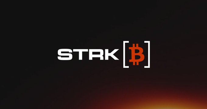 The image shows the **STARK[B]** logo in white and orange text against a black background with a warm glow at the bottom, visually representing the post's message about strkBTC enabling Bitcoin holders to engage with Starknet DeFi privately and without exposing their positions publicly.
