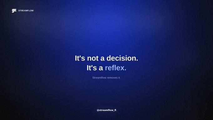 The image is a minimalist promotional graphic with a deep blue gradient background featuring the "STREAMFLOW" logo in the top-left corner. Centered white and blue text reads, "It's not a decision. It's a reflex. Streamflow removes it," with the handle "@streamflow_fi" at the bottom.

The graphic reinforces the post's message by positioning Streamflow as the tool that turns the painful choice to sell a long-held conviction into an effortless, automatic process—essentially a "reflex" that removes the emotional burden of deciding when to exit a position like the Mad Lads NFT.