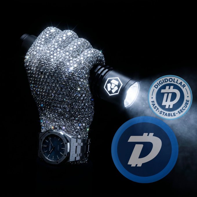 The image features a silver watch with a diamond-encrusted band, held up against a black background. Below the watch, there are three blue circles containing logos for Bitcoin, Digidollar, and fast-stable-secure. The text "The Future is clear! $DGB" is also present in the image.