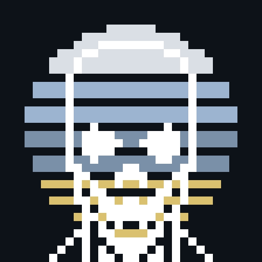A pixel art portrait of a pharaoh-like figure with a striped blue and gold nemes headdress and white and gold facial features set against a black background.
