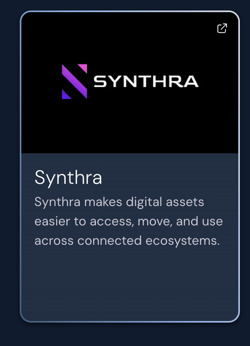 A dark card displaying the 'SYNTHRA' logo with a purple 'N' symbol, describing Synthra as making digital assets easier to access, move, and use across connected ecosystems.