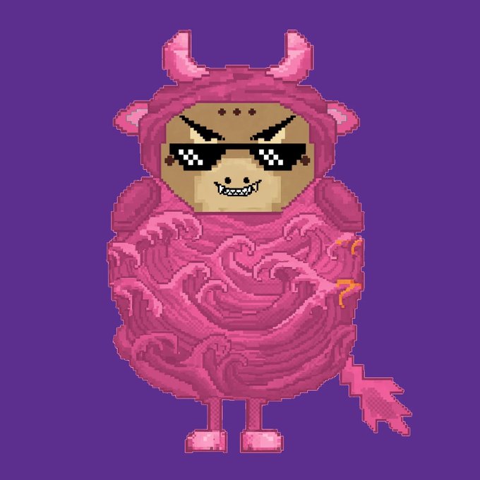 A pixel art illustration of a pink, fluffy creature with horns, wearing sunglasses and displaying a toothy grin, set against a solid purple background.