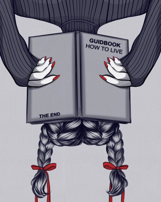 An illustration of a figure in a gray sweater holding a book titled 'GUIDBOOK HOW TO LIVE' with 'THE END' on the back cover, their face obscured by the book and their hair styled in two braids with red ribbons.