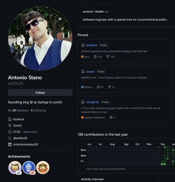 The image shows a profile of an Italian software engineer, Antonio Stano, who built a Polymarket startup in Zurich. Antonio created a bot that can detect real strategies of any existing trader using PolyMarket trading platform. This bot is automated and available for free download on GitHub, which highlights the significance of the project he has been working on.