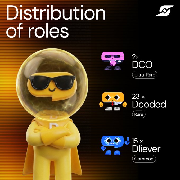 The image features a cartoon character wearing sunglasses and a yellow suit with arms crossed over their chest. The character appears to be a superhero or a robot from a video game. The background of the image is black, which contrasts with the colorful characters on display. There are three different characters in the image - one yellow-suited character, one blue-suited character, and one purple-suited character. Each character has their arms crossed over their chest, giving them a confident and powerful appearance. The text "Distribution of roles" is written above the characters, indicating that they are being earned through playing video games or participating in other gaming activities.