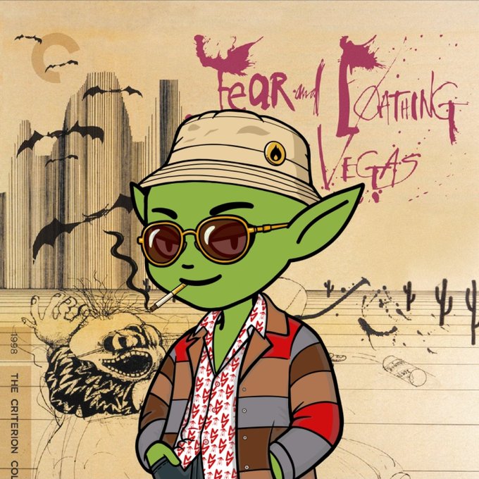 Album cover art titled 'Fear and Loathing in Las Vegas' depicting a green-skinned cartoon character wearing a bucket hat, sunglasses, and smoking a cigarette against a desert backdrop with bats.