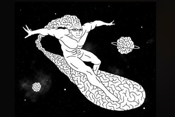 A black and white illustration shows a muscular superhero figure wearing glasses surfing through space on a giant brain-shaped board, with smaller brains (one resembling Saturn with rings) floating among the stars.