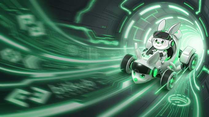 A cute rabbit mascot wearing a VR headset races through a futuristic green-lit tunnel in a sleek hover kart, evoking high-speed urgency. The dynamic, motion-blurred style mirrors the post's "don't walk, RUN" message, promoting a new event featuring AI Assistants alongside @BitkubAcademy with Piñata rewards and a Bitkub Academy Badge raffle.