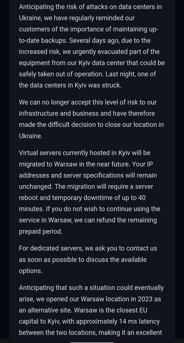 A notification from a Kyiv-based VPS provider informing customers of the closure of its Ukraine location following a data center attack, with planned migration of virtual servers to Warsaw and approximately 14 ms latency noted between the two cities.