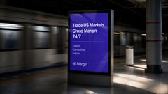 A digital billboard in a subway station displays a purple advertisement reading "Trade US Markets Close Margin 24/7" with the "@Margin" handle, promoting the integration of crypto, stocks, and gold into a single onchain margin account that operates around the clock.