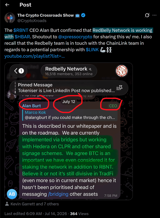 A Twitter/X post from 'The Crypto Crossroads Show' (@CryptoXroads) discussing RedBelly Network's work with HBAR, highlighting that CEO Alan Burt confirmed the partnership.