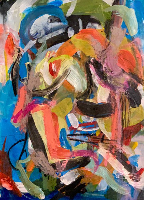An abstract expressionist painting filled with thick, energetic brushstrokes in a vivid palette of blue, red, orange, green, yellow, and black.